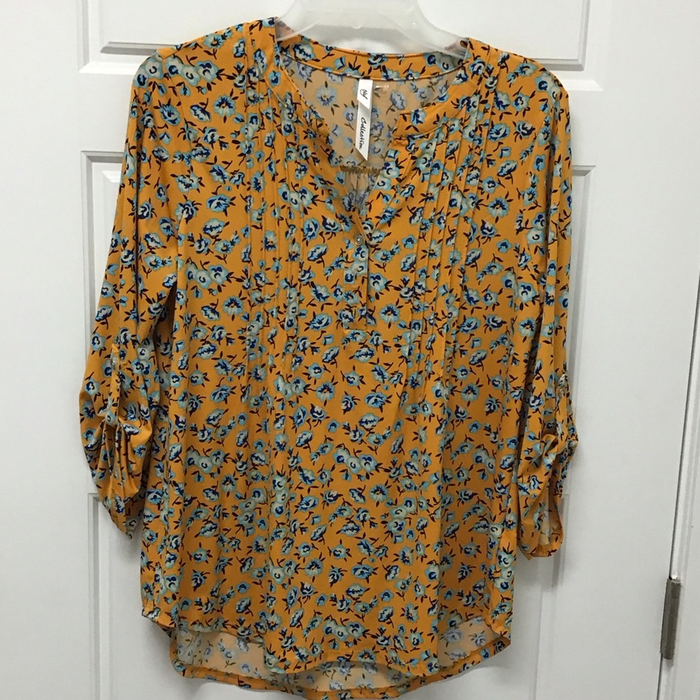 NY Collection Mustard Floral Blouse